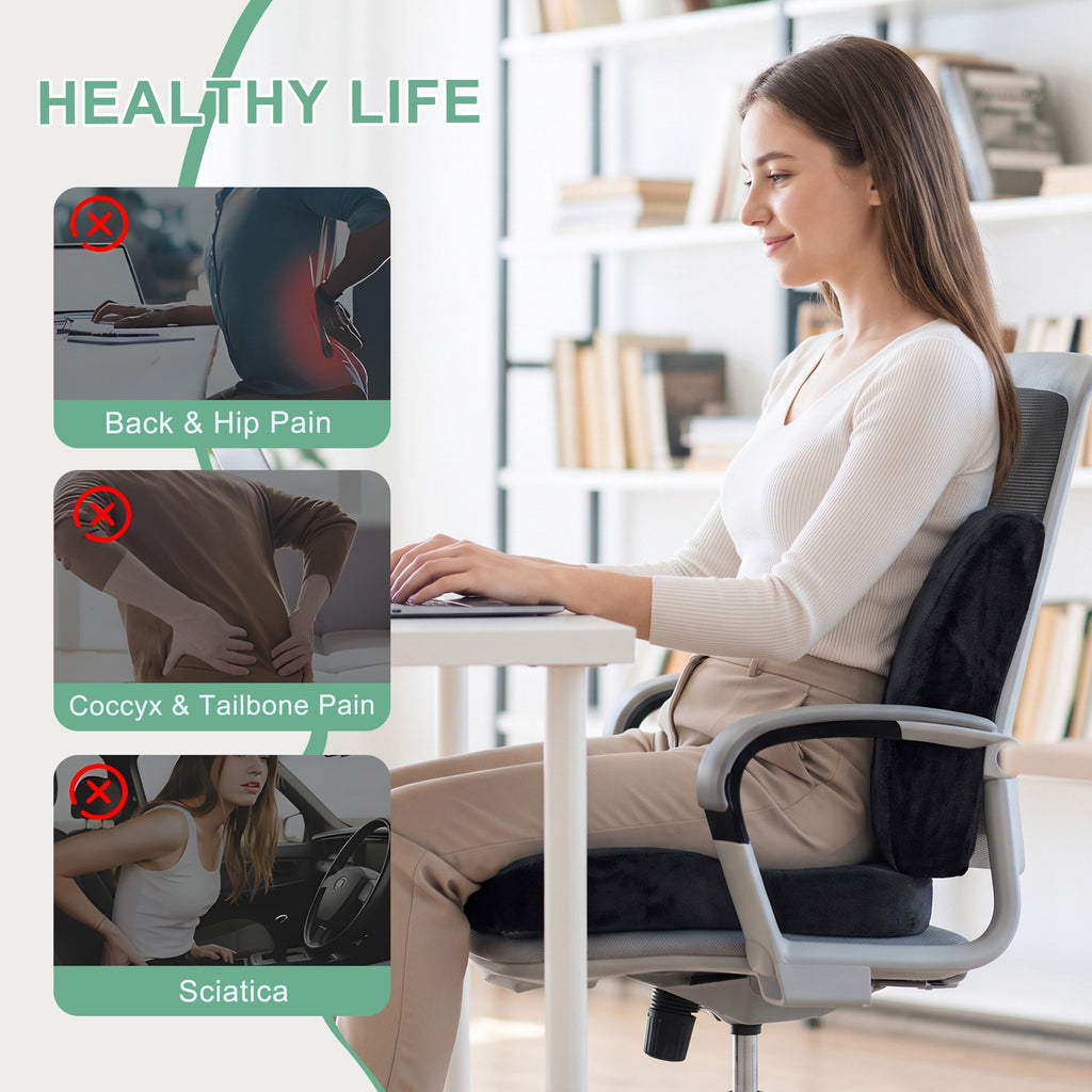 Nalqet Lumbar Support and Seat Cushion Combo for Office Chair – Alleviates Tailbone Pain, Sciatica, and Hemorrhoids with Back and Bottom Support, Black
