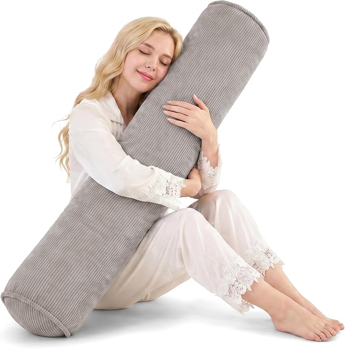 Nalqet Corduroy Long Body Pillow for Adults, Round Bolster Pillow with Shredded Memory Foam, Firm Support for Side Sleepers, Removable & Washable Cover