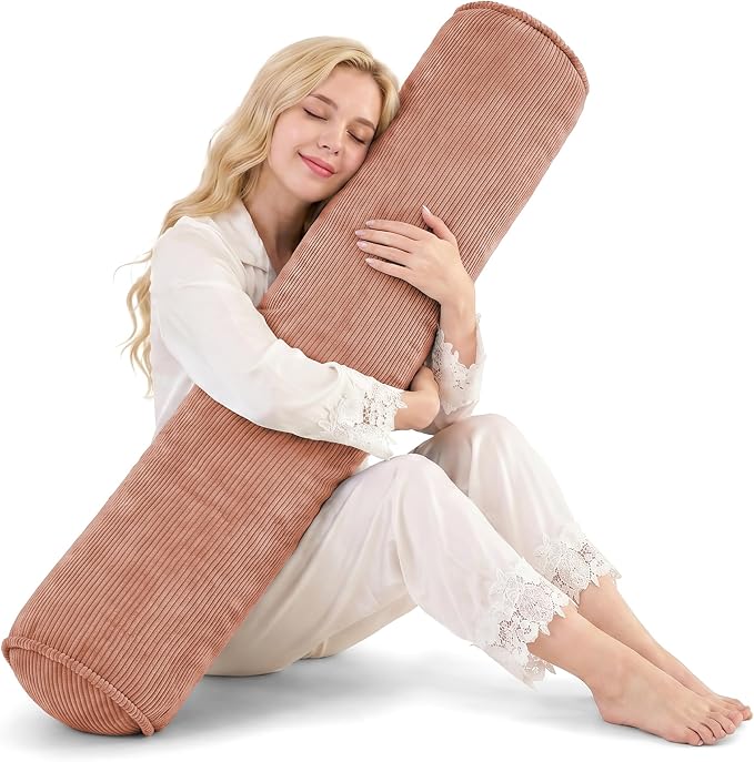 Nalqet Corduroy Long Body Pillow for Adults, Round Bolster Pillow with Shredded Memory Foam, Firm Support for Side Sleepers, Removable & Washable Cover