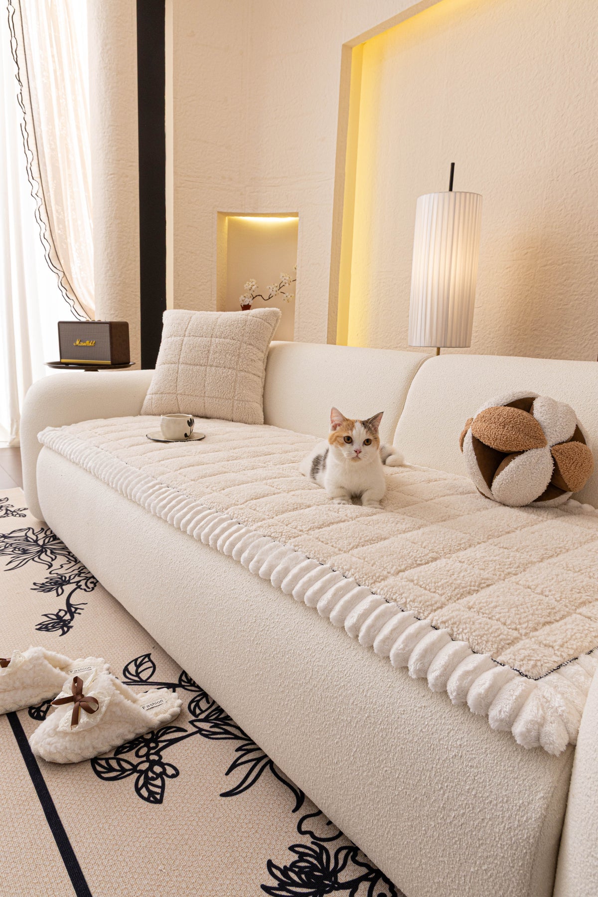 Nalqet Plush Sofa Slipcovers Checkered Pattern for 2 Cushion Couches – Washable Fuzzy Non Slip Furniture Protector Couch Cover for Pets and Dogs Cats