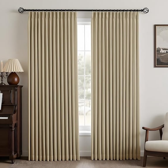 Nalqet Pinch Pleated Linen Blackout Curtains, 2 Panels 100% Black out, Thermal Insulated, Pleated Window Drapes with Rings Hooks, for Bedroom Living Room