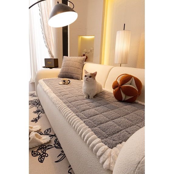 Nalqet Plush Sofa Slipcovers Checkered Pattern for 2 Cushion Couches – Washable Fuzzy Non Slip Furniture Protector Couch Cover for Pets and Dogs Cats