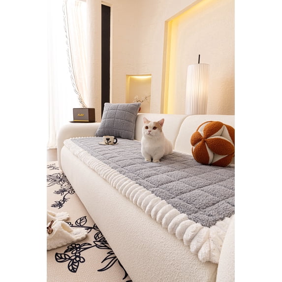 Nalqet Plush Sofa Slipcovers Checkered Pattern for 2 Cushion Couches – Washable Fuzzy Non Slip Furniture Protector Couch Cover for Pets and Dogs Cats