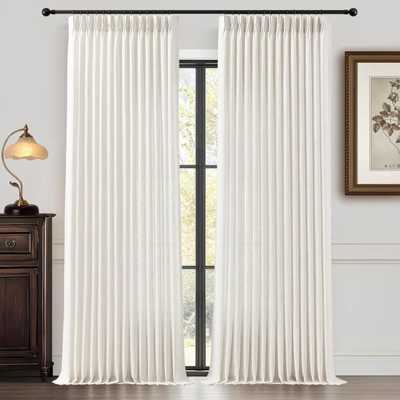 Nalqet Pinch Pleated Linen Curtains 2 Panels Set, Light Filtering Linen Blend Sheer Drapes Memory Trained Pleated Curtain Back Tab with Hooks Rings for Living Room Bedroom