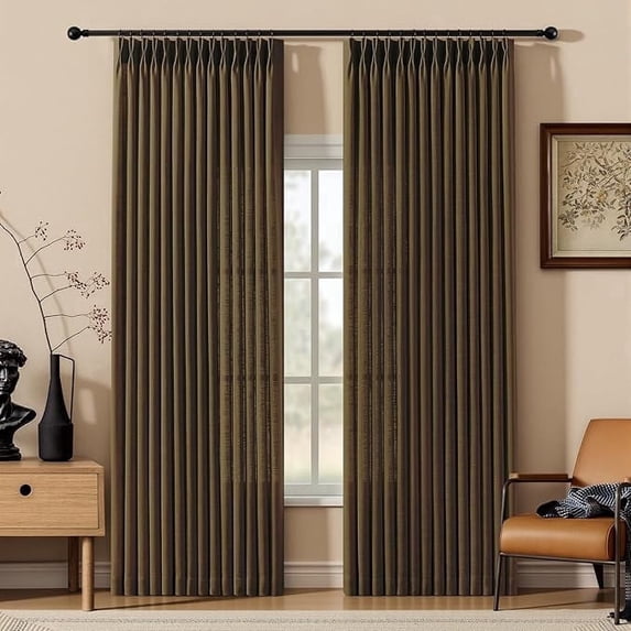 Nalqet Pinch Pleated Linen Curtains 2 Panels Set, Light Filtering Linen Blend Sheer Drapes Memory Trained Pleated Curtain Back Tab with Hooks Rings for Living Room Bedroom