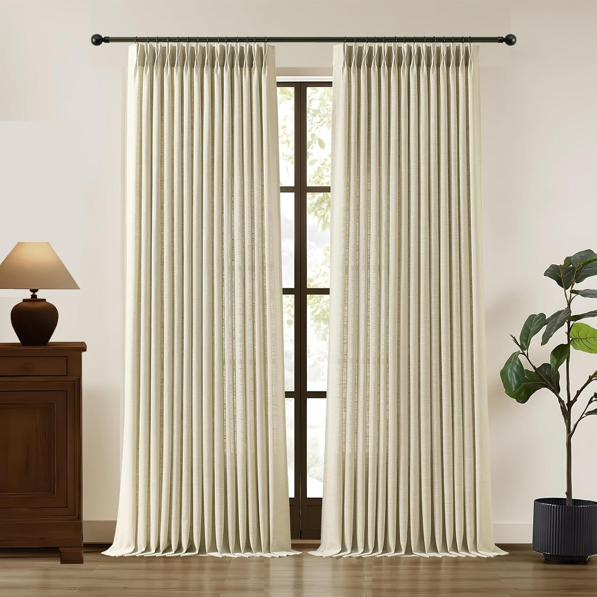 Nalqet Pinch Pleated Linen Curtains 2 Panels Set, Light Filtering Linen Blend Sheer Drapes Memory Trained Pleated Curtain Back Tab with Hooks Rings for Living Room Bedroom