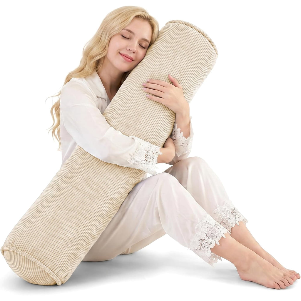 Nalqet Corduroy Long Body Pillow for Adults, Round Bolster Pillow with Shredded Memory Foam, Firm Support for Side Sleepers, Removable & Washable Cover
