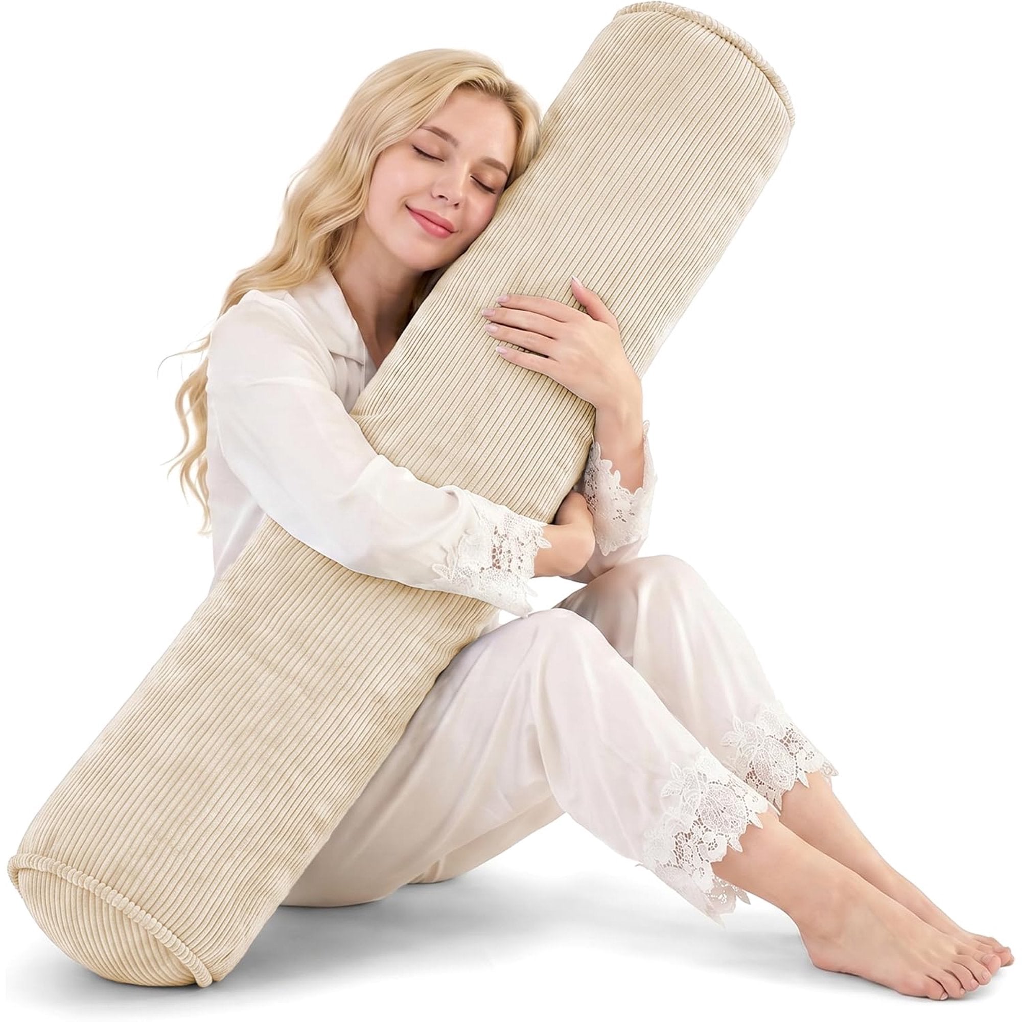 Nalqet Corduroy Long Body Pillow for Adults, Round Bolster Pillow with Shredded Memory Foam, Firm Support for Side Sleepers, Removable & Washable Cover