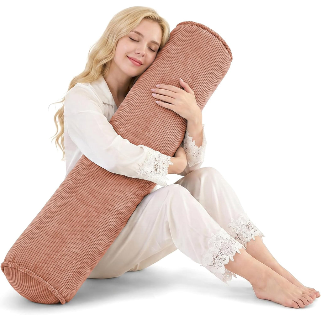 Nalqet Corduroy Long Body Pillow for Adults, Round Bolster Pillow with Shredded Memory Foam, Firm Support for Side Sleepers, Removable & Washable Cover