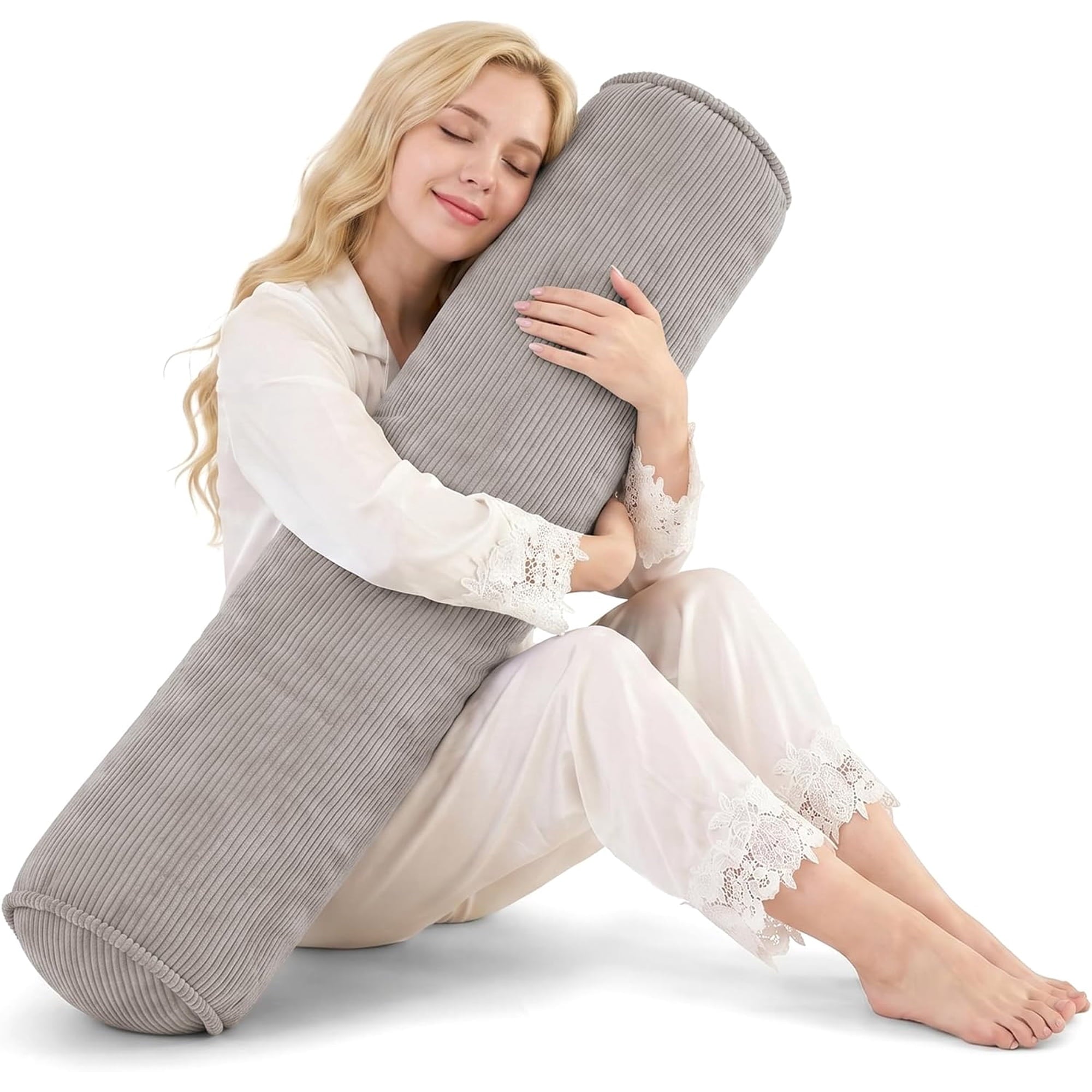 Nalqet Corduroy Long Body Pillow for Adults, Round Bolster Pillow with Shredded Memory Foam, Firm Support for Side Sleepers, Removable & Washable Cover