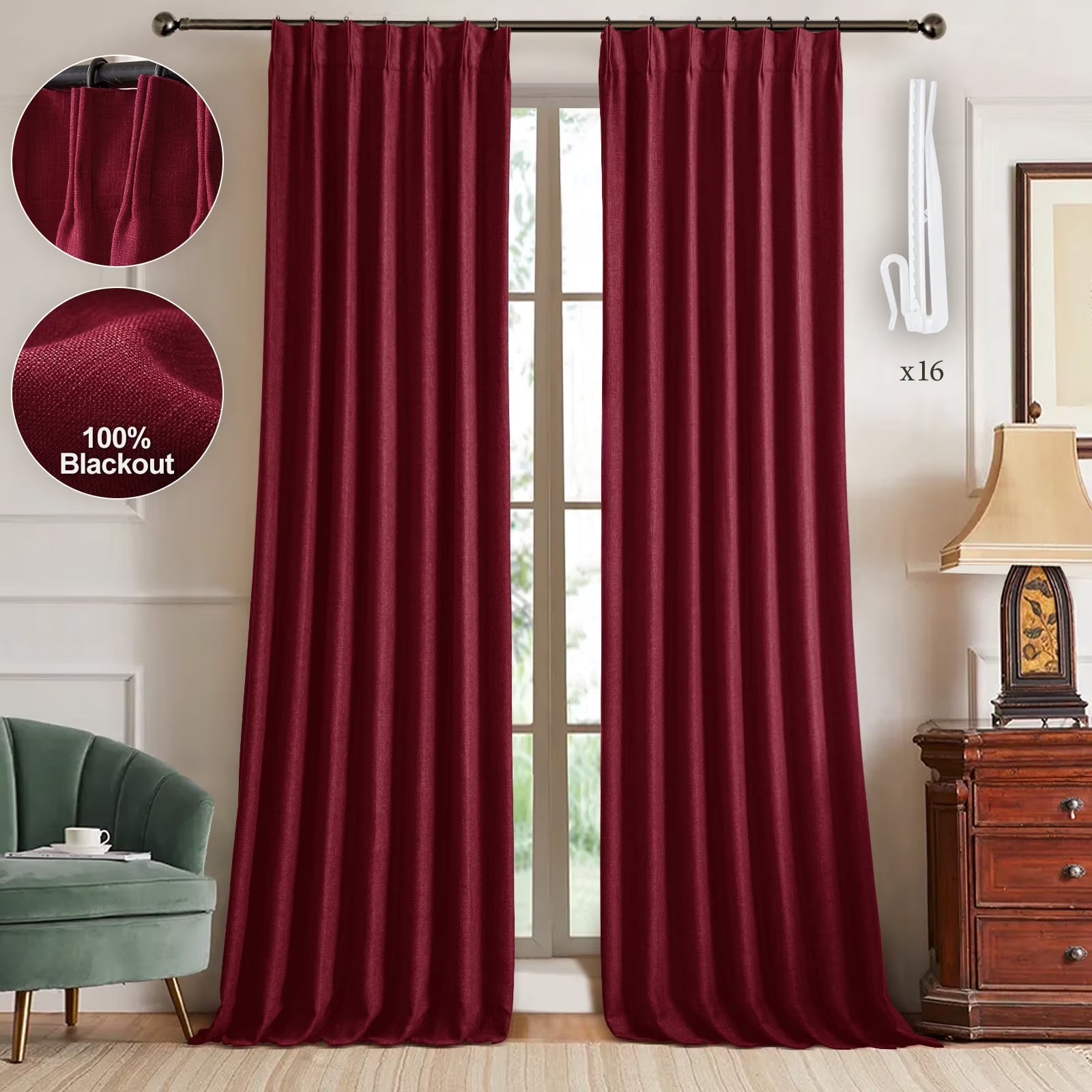 Nalqet Pinch Pleated Linen Curtains 100% Blackout