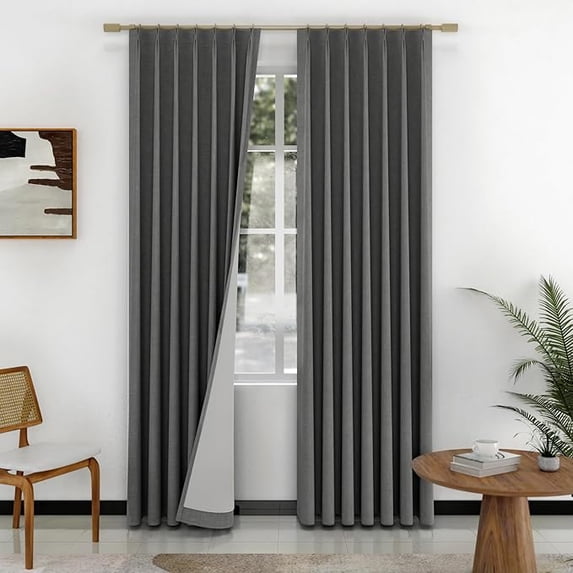 Nalqet Pinch Pleated Linen Curtains 100% Blackout for Living Room Bedroom, Thermal Insulated Window Drapes with Rings Hooks