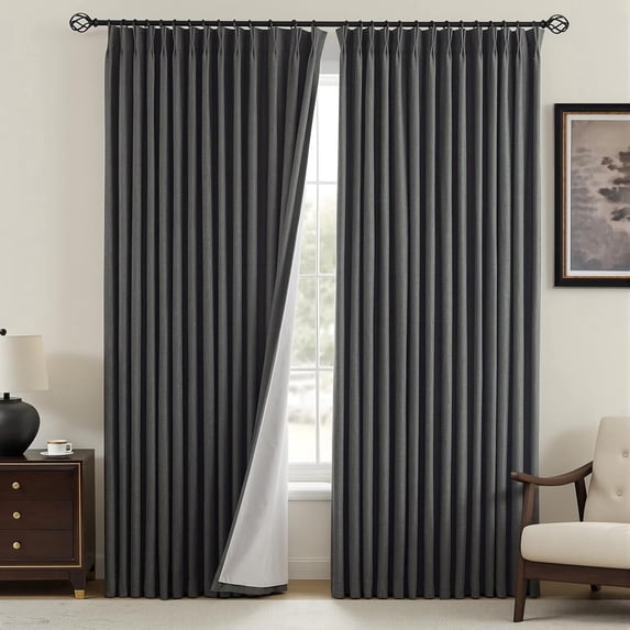 Nalqet Pinch Pleated Linen Curtains 100% Blackout for Living Room Bedroom, Thermal Insulated Window Drapes with Rings Hooks