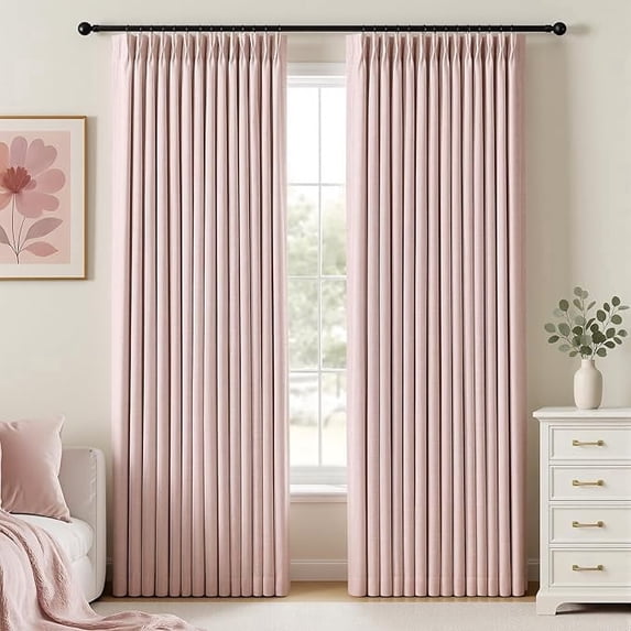 Nalqet Pinch Pleated Linen Curtains 100% Blackout for Living Room Bedroom, Thermal Insulated Window Drapes with Rings Hooks