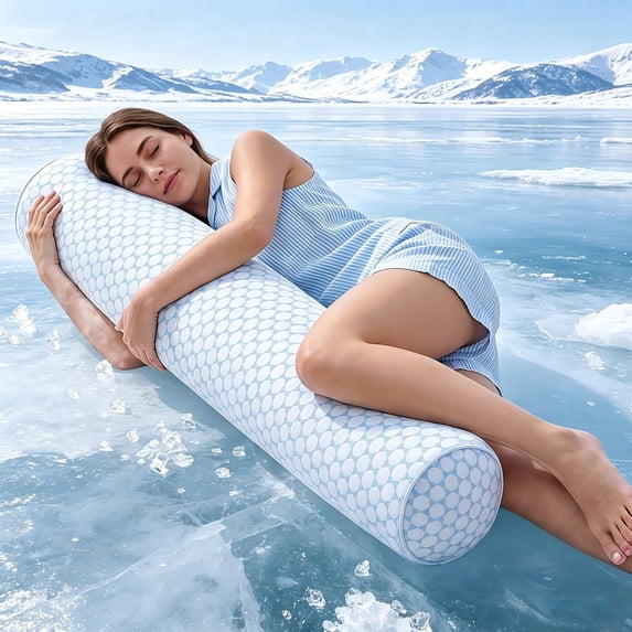 Nalqet Long Body Pillow for Adults, Cooling Round Bolster Pillow with Shredded White Memory Foam, Comfort Support for Side Sleepers with Washable Cover, Blue