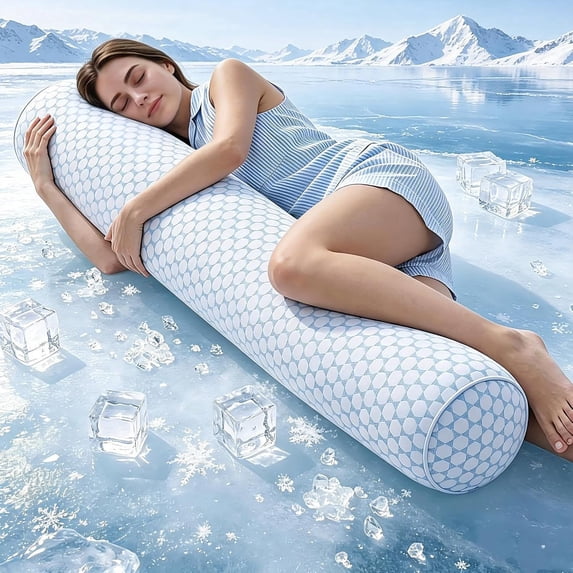 Nalqet Long Body Pillow for Adults, Cooling Round Bolster Pillow with Shredded White Memory Foam, Comfort Support for Side Sleepers with Washable Cover, Blue