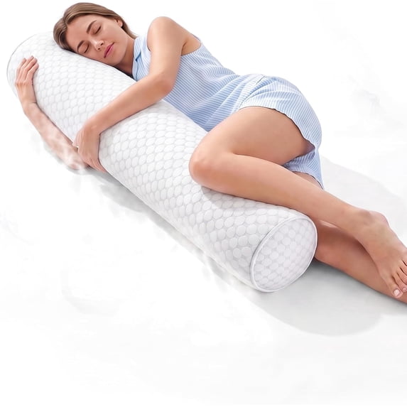 Nalqet Long Body Pillow for Adults, Cooling Round Bolster Pillow with Shredded White Memory Foam, Comfort Support for Side Sleepers with Washable Cover
