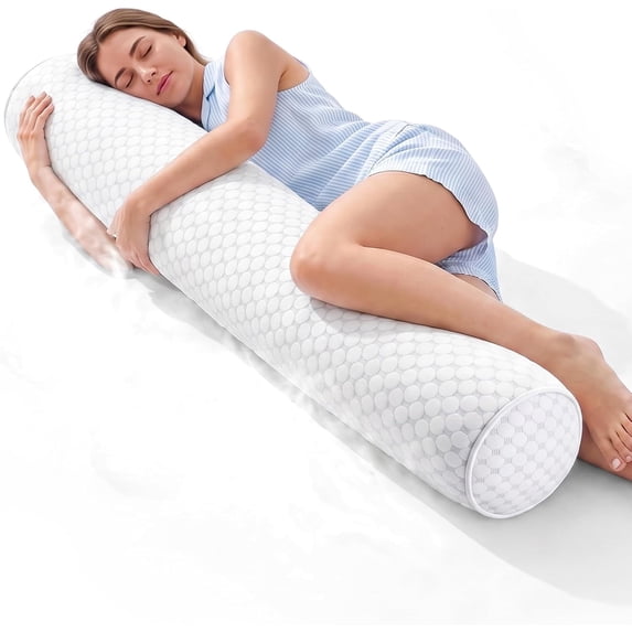 Nalqet Long Body Pillow for Adults, Cooling Round Bolster Pillow with Shredded White Memory Foam, Comfort Support for Side Sleepers with Washable Cover