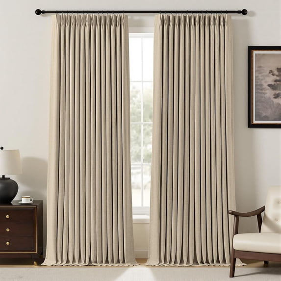 Nalqet Pinch Pleated Linen Curtains 100% Blackout for Living Room Bedroom, Thermal Insulated Window Drapes with Rings Hooks