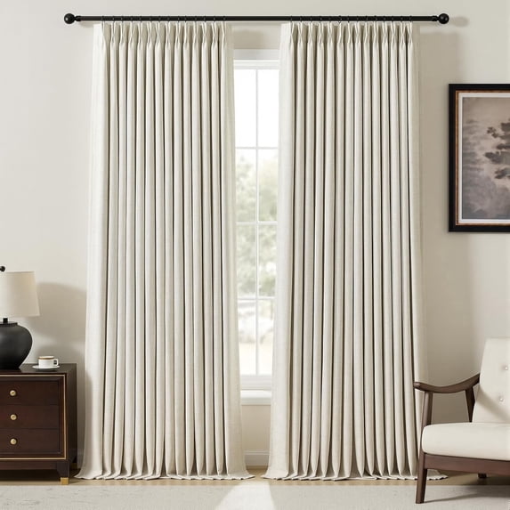 Nalqet Pinch Pleated Linen Blackout Curtains Natural, 100% Black out, Thermal Insulated, Pleated Window Drapes with Rings Hooks, for Bedroom Living Room
