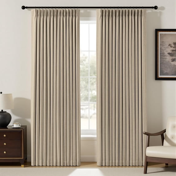 Nalqet Pinch Pleated Linen Curtains 100% Blackout for Living Room Bedroom, Thermal Insulated Window Drapes with Rings Hooks