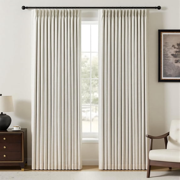 Nalqet Pinch Pleated Linen Curtains 100% Blackout for Living Room Bedroom, Thermal Insulated Window Drapes with Rings Hooks